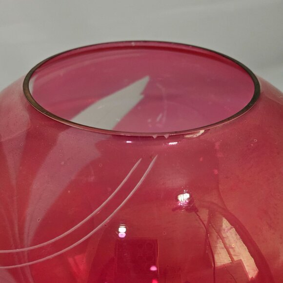 Cranberry Glass Rose Bowl Vase 6" vtg Victorian style etched floral flower globe - Picture 5 of 10